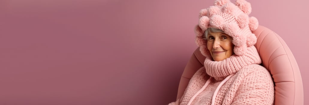 Old woman in full knitted cozy costume isolated on pastel background with a place for text photo