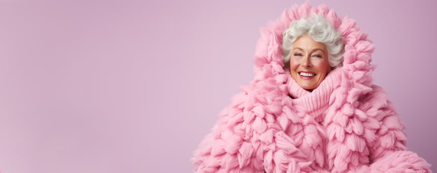 Old woman in full knitted cozy costume isolated on pastel background with a place for text photo