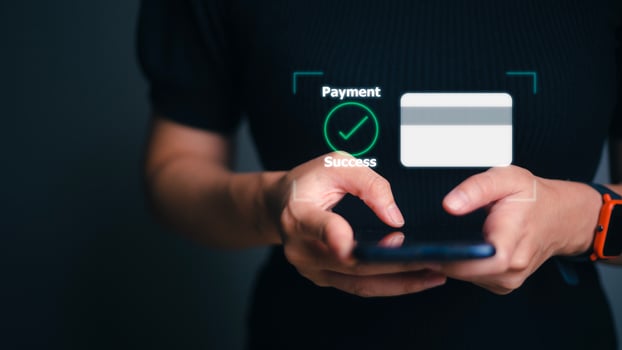 Woman using mobile smart phone, online payment, banking and online shopping photo