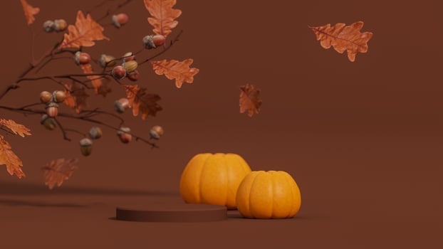 3D background, wood podium display. Natural dry autumn leaf falling. Brown backdrop with chestnut trees, leaves shadow. Fall product promotion Beauty cosmetic, wooden stand. Jack-o-Lantern pumpkins photo