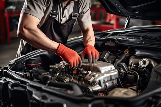 Professional mechanic working in auto repair shop. Car service and maintenance concep. Generative AI photo