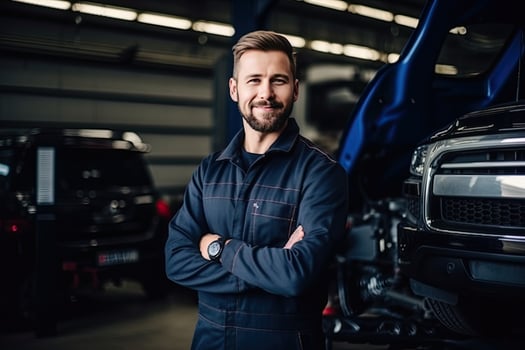 Professional mechanic working in auto repair shop. Car service and maintenance concep. Generative AI photo