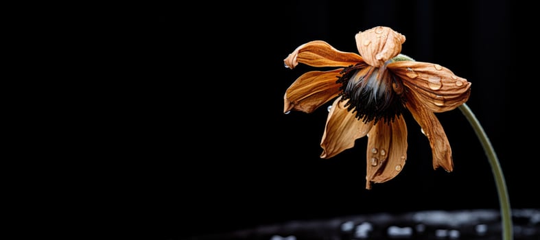 Dry flower with water drops on black copy space. AI Generated photo