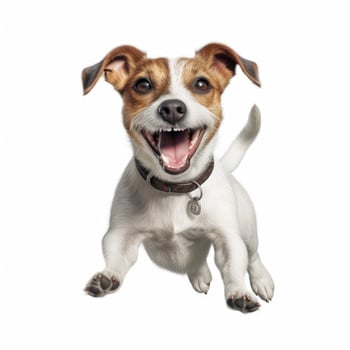 Jack russell terrier dog breed jumping on white background. AI Generated photo