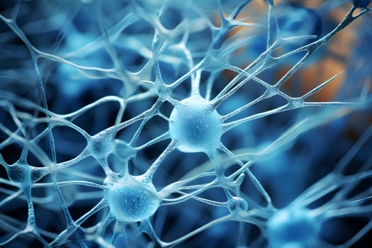 Microscopic of Neuron brain cell network. Interconnected nerve cells with electrical pulses. Glowing synapse. Healthcare concept. Generative AI. photo