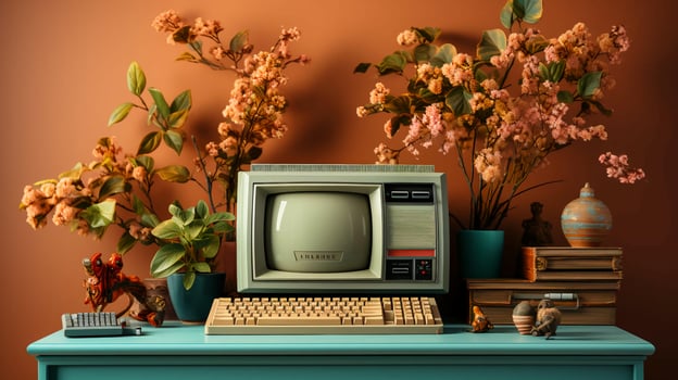 Old stylish vintage retro personal computer for video games and work poster from the 80s 90s photo