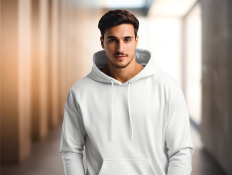 Attractive caucasian man wearing blank empty white hoodie mockup for design template,AI Generated photo
