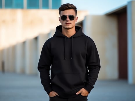 Attractive caucasian man wearing blank empty black hoodie mockup for design template,AI Generated photo