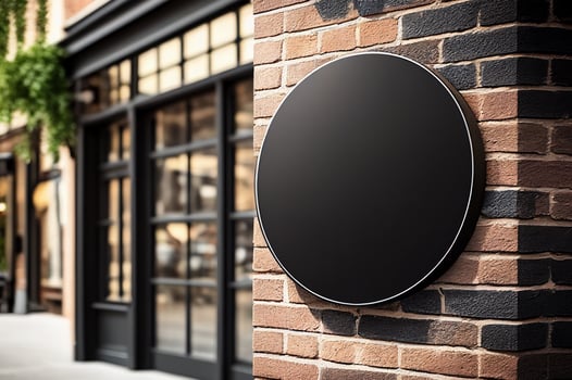 Black blank round circle signboard mock up street store or company on wall, billboard template,AI Generated photo
