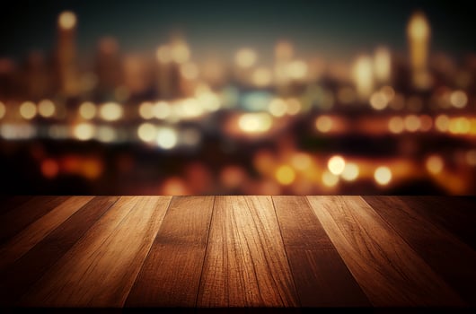 Blank empty wooden tabletop over blur city night view background, mock up and montage for product, AI Generated photo