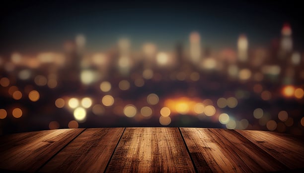 Blank empty wooden tabletop over blur city night view background, mock up and montage for product, AI Generated photo