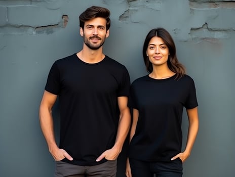 A couple boyfriend and girlfriend wearing blank black matching t-shirts mockup for design template, AI Generated photo