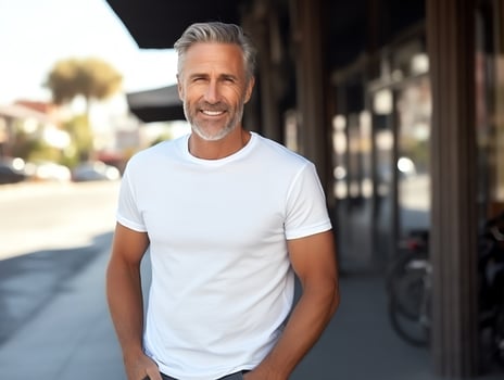 Healthy senior man wearing blank empty white t-shirt mockup for design template, AI Generated photo