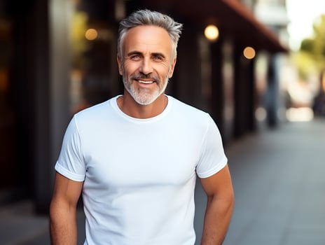 Healthy senior man wearing blank empty white t-shirt mockup for design template, AI Generated photo