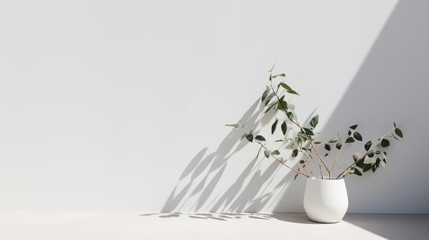 Shadow on white wall, plant, light background with copy space. Generative AI photo