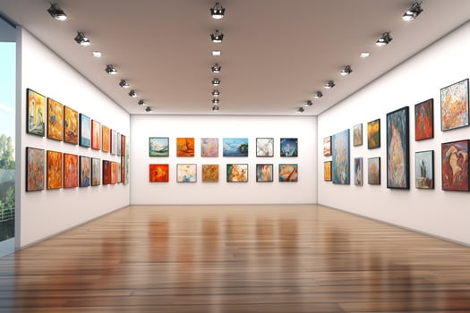 3d render of modern art gallery interior with paintings on the wall Ai Generated photo