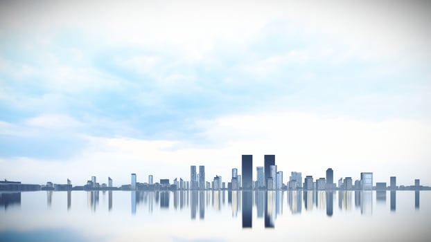 Blue Sky and Cityscape Background,3D Rendering with Reflection Ground photo