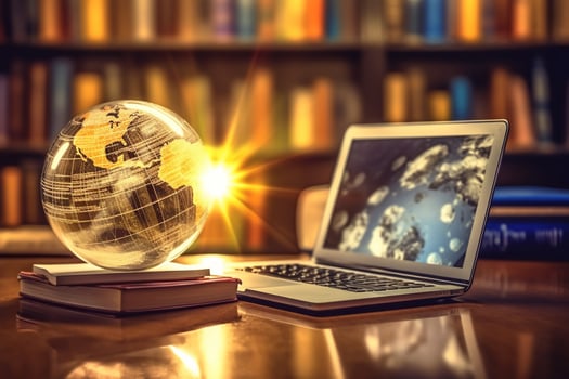 Laptop with globe on a wooden table with books and colorful lights Ai Generative photo