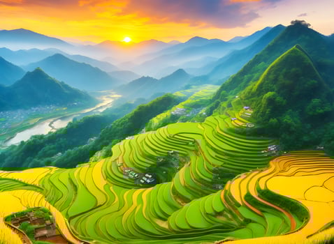 Beautiful rice terraces. Surrounded by mountains and sunset. ai generated photo