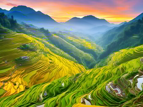 Beautiful rice terraces. Surrounded by mountains and sunset. ai generated photo