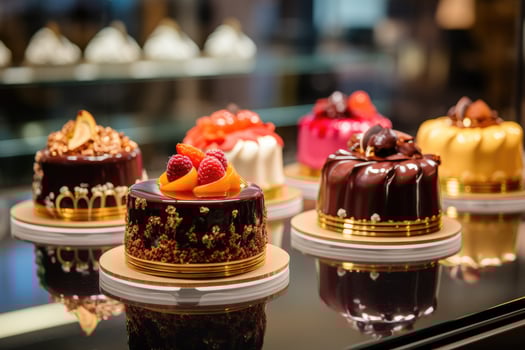 Small cakes on display at the patisserie counter. photo