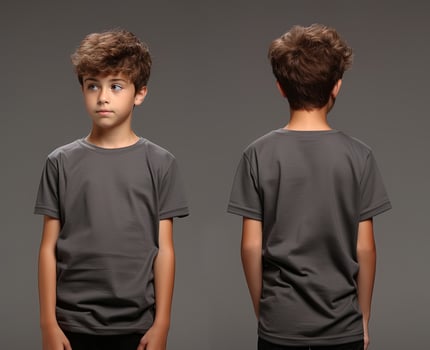 Front and back views of a little boy wearing a grey T-shirt. ai generated photo