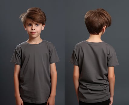 Front and back views of a little boy wearing a grey T-shirt. ai generated photo