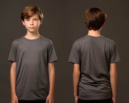 Front and back views of a little boy wearing a grey T-shirt. ai generated photo