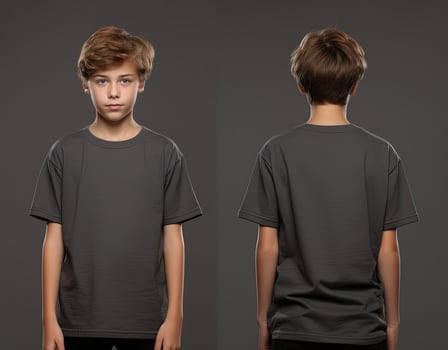 Front and back views of a little boy wearing a grey T-shirt. ai generated photo