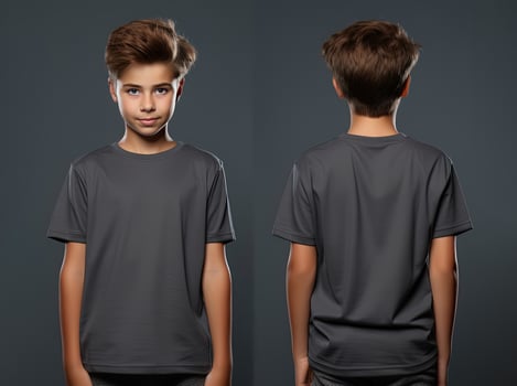 Front and back views of a little boy wearing a grey T-shirt. ai generated photo