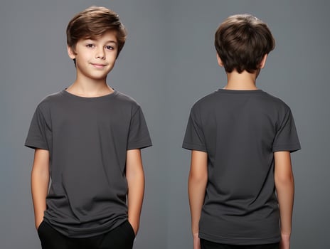 Front and back views of a little boy wearing a grey T-shirt. ai generated photo