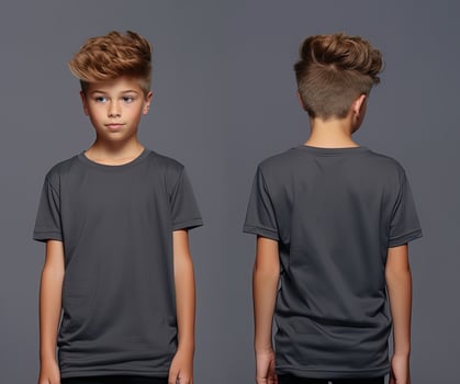 Front and back views of a little boy wearing a grey T-shirt. ai generated photo