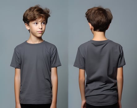 Front and back views of a little boy wearing a grey T-shirt. ai generated photo