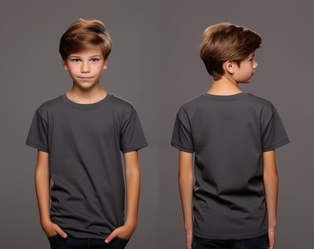 Front and back views of a little boy wearing a grey T-shirt. ai generated photo