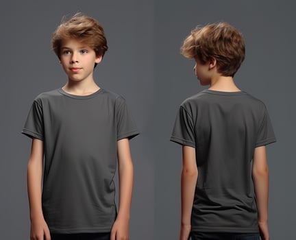 Front and back views of a little boy wearing a grey T-shirt. ai generated photo