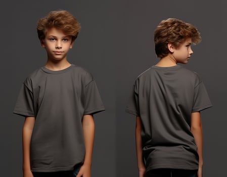 Front and back views of a little boy wearing a grey T-shirt. ai generated photo