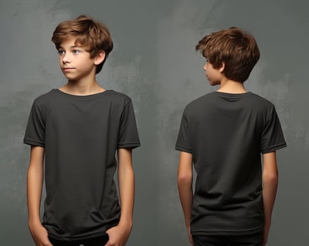 Front and back views of a little boy wearing a grey T-shirt. ai generated photo
