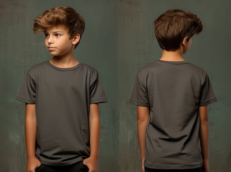 Front and back views of a little boy wearing a grey T-shirt. ai generated photo