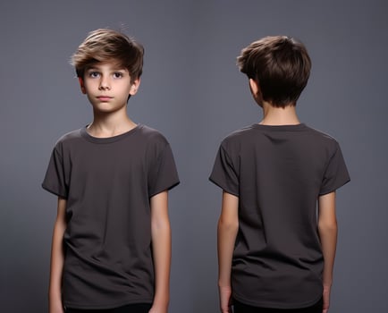 Front and back views of a little boy wearing a grey T-shirt. ai generated photo