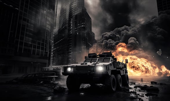 Intense battlefield scene. Burning armored military vehicle in city. Created AI tools photo