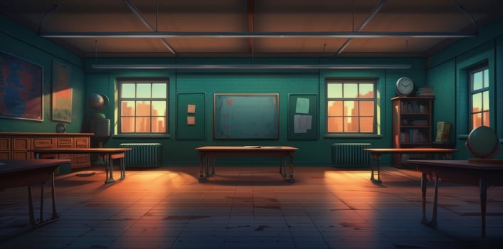 A classroom with a blackboard, desk, pens, and school supplies photo