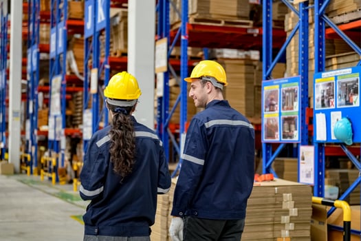 Two workers in a warehouse looking at shelves photo