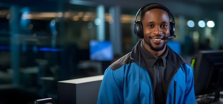 Happy smiling african american man working in call center. Generative AI photo