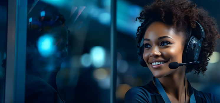 Female African American customer support agent working at a call center. Generative AI photo