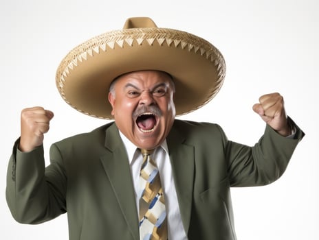 Mexican man in emotional pose on white background AI Generative photo