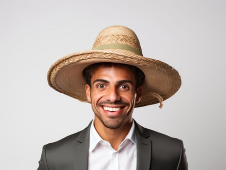Mexican man in emotional pose on white background AI Generative photo