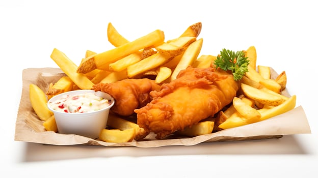 British traditional food fish and chips on a white background. photo