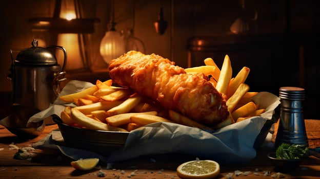 British traditional food fish and chips on a wooden surface. photo