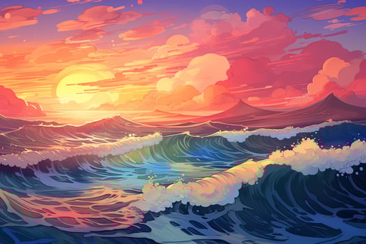 an illustration of the ocean at sunset. Generative AI photo