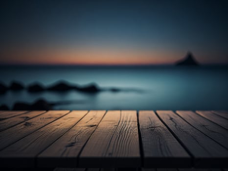 Wooden table and blur tropical beach background, product display montage. High quality photo 8k FHD AI generated